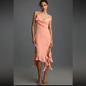 Mare Mare Peach/Pink Draped Cowl Neck Asymmetrical Slit Ruffle Midi Dress Size M